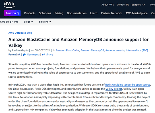 Valkey 7.2をAmazon ElastiCacheとAmazon MemoryDBで提供開始