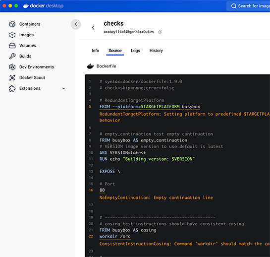 Docker DesktopのBuildsビューからDocker Buildチェック機能を利用